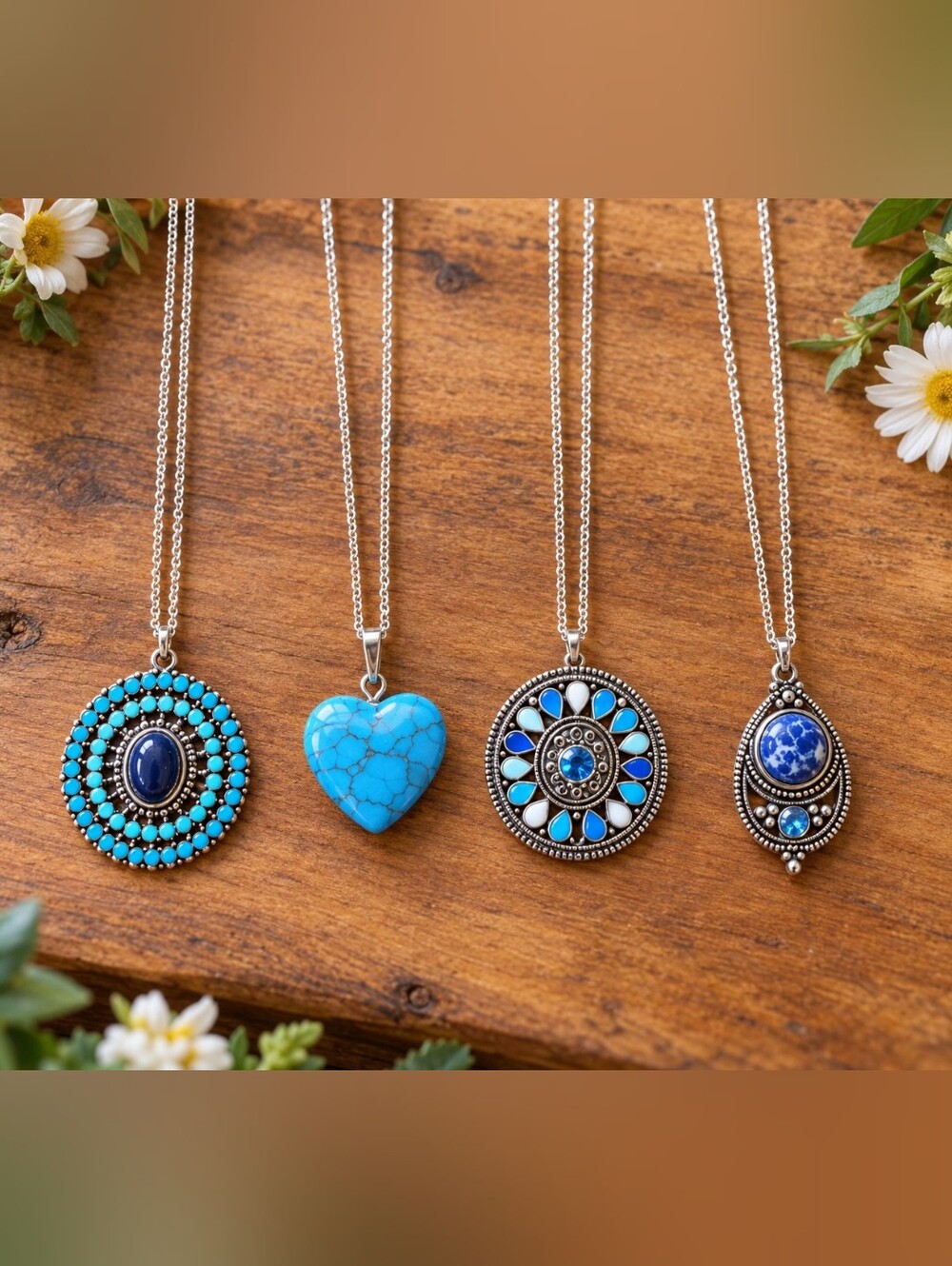 Blue Turquoise Looking Heart & Pendant Necklace Collection Women’s Boho Jewelry